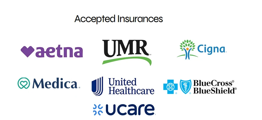 Accepted insurance provider logos: Aetna, UMR, Cigna, Medica, UnitedHealthcare, Blue Cross Blue Shield, and UCare