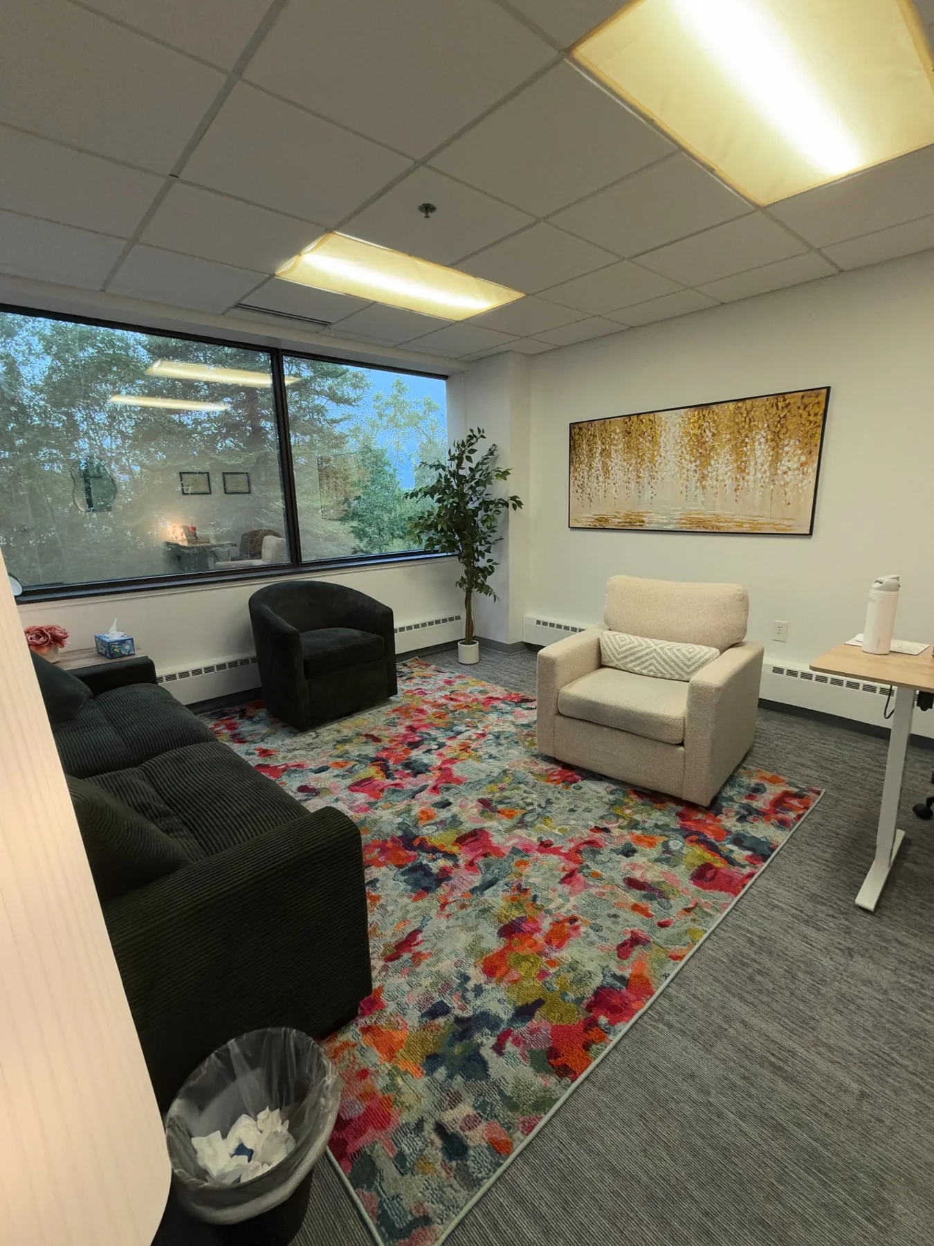NextChapter Counseling therapy room with a colorful rug, seating, large windows, and wall art